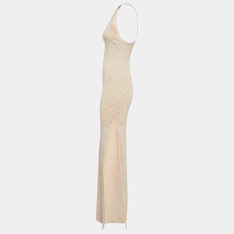 Pre Owned Elisabetta Franchi Cream Logo Embellished Knit Sleeveless Long Dress S