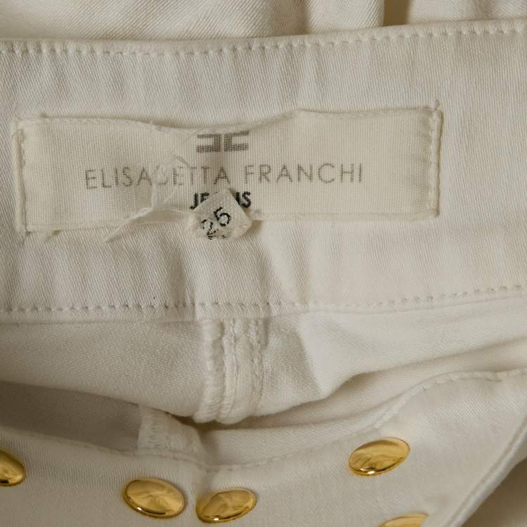 Pre Owned Elisabetta Franchi White Denim Metal Logo Detail High Waist Jeans S Waist 25"