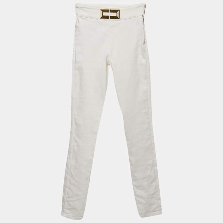 Pre Owned Elisabetta Franchi White Denim Metal Logo Detail High Waist Jeans S Waist 25"