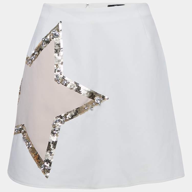 Pre Owned Elisabetta Franchi White Star Embellished Crepe Mini Skirt M