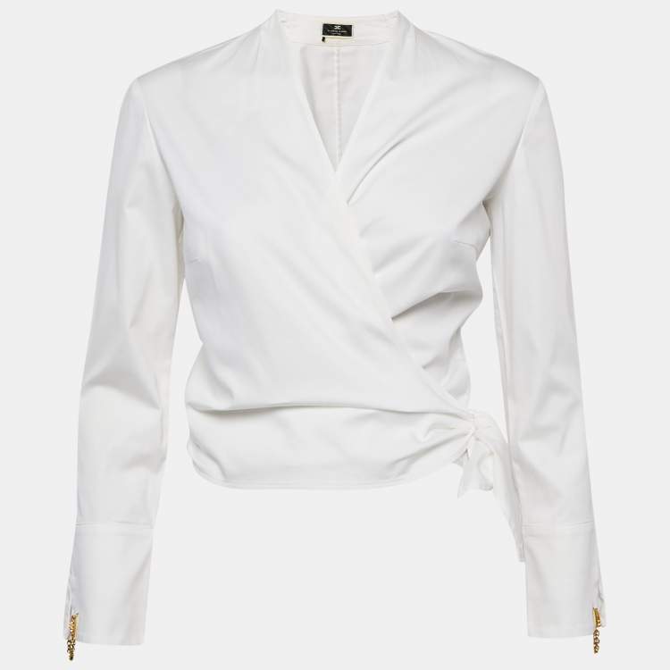 Pre Owned Elisabetta Franchi White Synthetic Wrap Shirt Blouse M