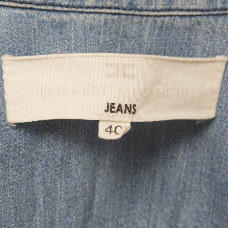 Pre Owned Elisabetta Franchi Jeans Blue Denim & White Chiffon Button Front Shirt S