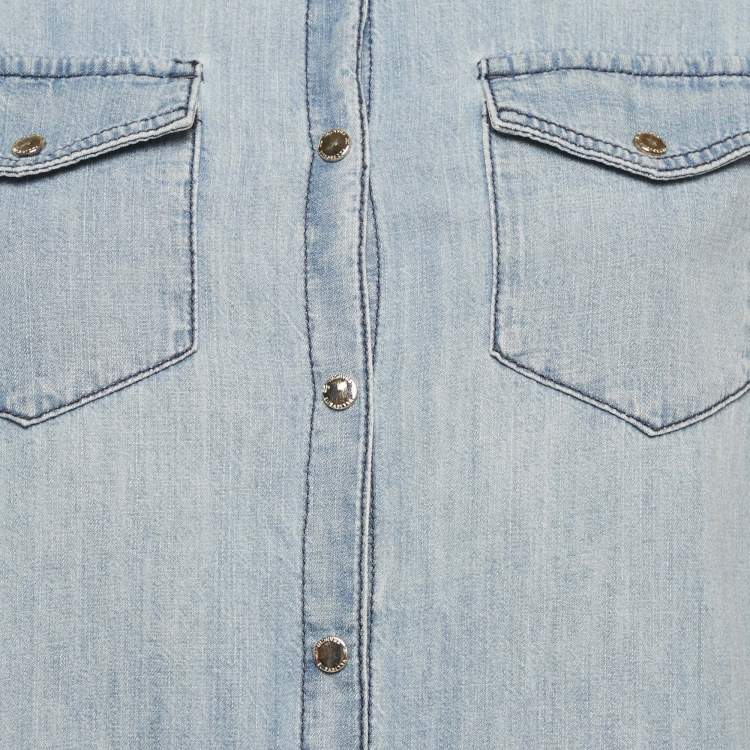 Pre Owned Elisabetta Franchi Jeans Blue Denim & White Chiffon Button Front Shirt S