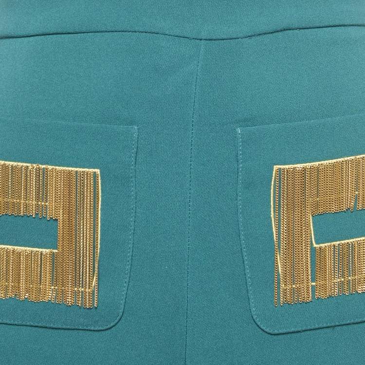 Pre Owned Elisabetta Franchi Teal Blue Crepe Chain Detail Flared Trousers S