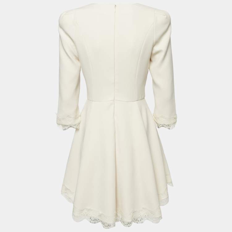 Pre Owned Elisabetta Franchi Beige  Crepe Lace Trim Flared Mini Dress M