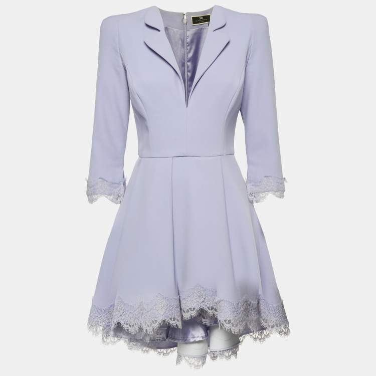 Pre Owned Elisabetta Franchi Lavender Crepe Lace Trim Flared Mini Dress M