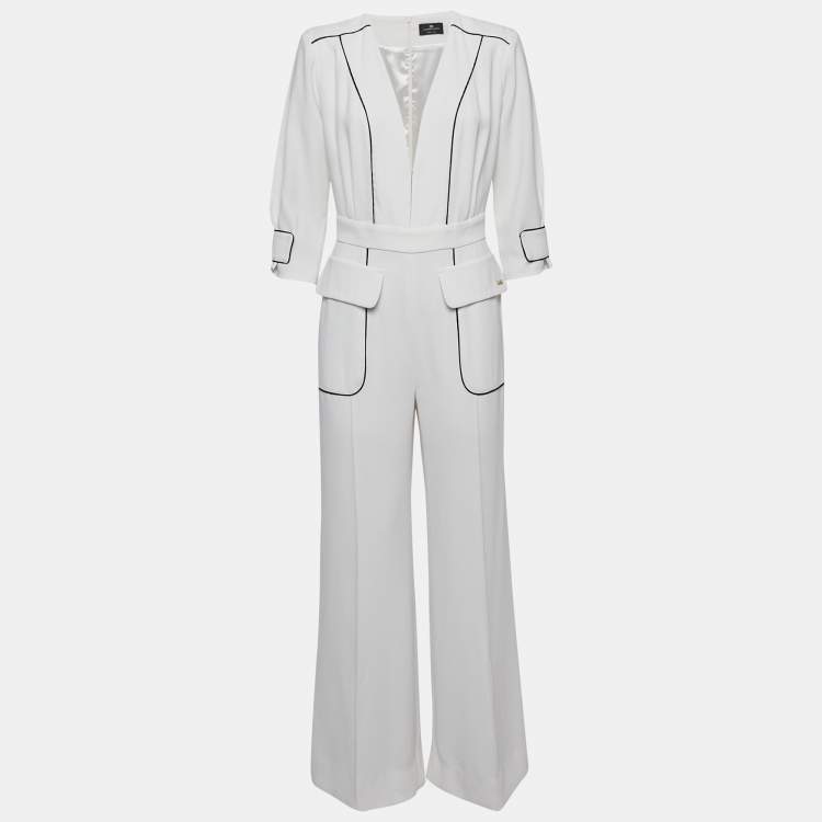 Pre Owned Elisabetta Franchi White Crepe Contrast Trimmed Jumpsuit M
