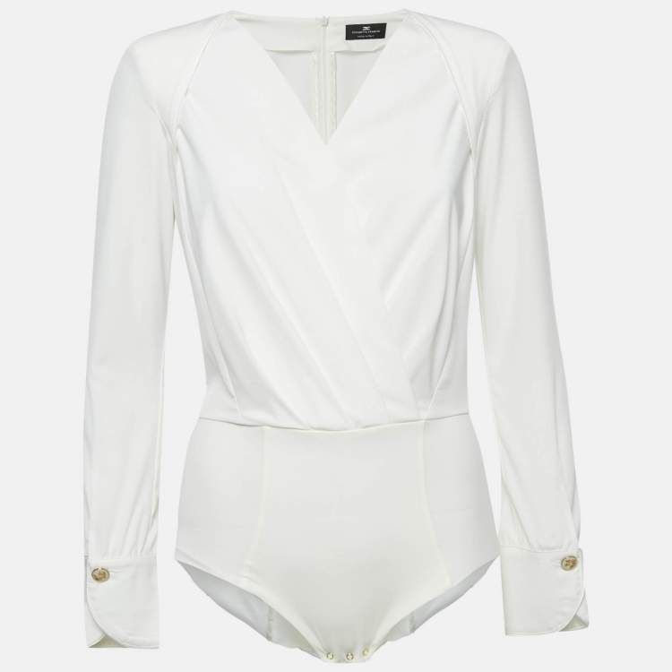 Pre Owned Elisabetta Franchi White Jersey Plunging Neck Bodysuit M