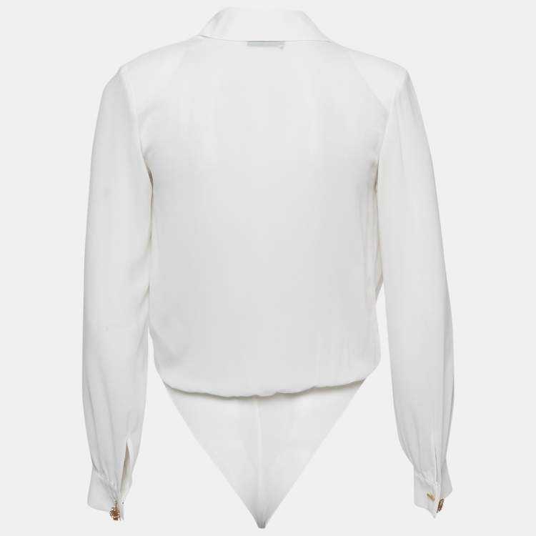 Pre Owned Elisabetta Franchi White Chiffon Plunging Neck Bodysuit S