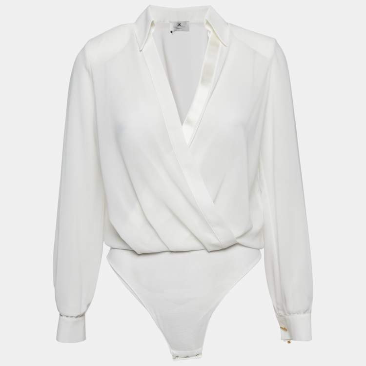 Pre Owned Elisabetta Franchi White Chiffon Plunging Neck Bodysuit S