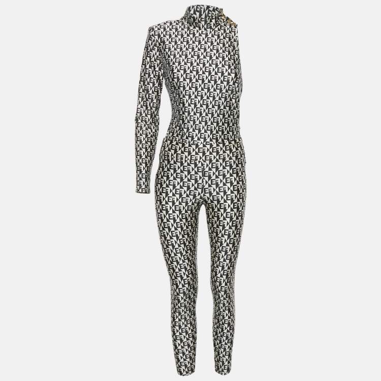Pre Owned Elisabetta Franchi Monogram Print Jersey Bodysuit and Leggings Set M/L