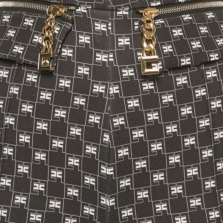 Pre Owned Elisabetta Franchi Black Logo All Over Jersey High Rise Flared Pants S