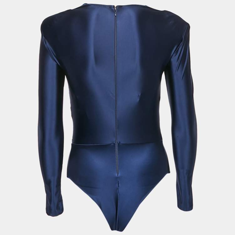 Pre Owned Elisabetta Franchi Navy Blue Chain Detail Jersey Ruche Bodysuit M