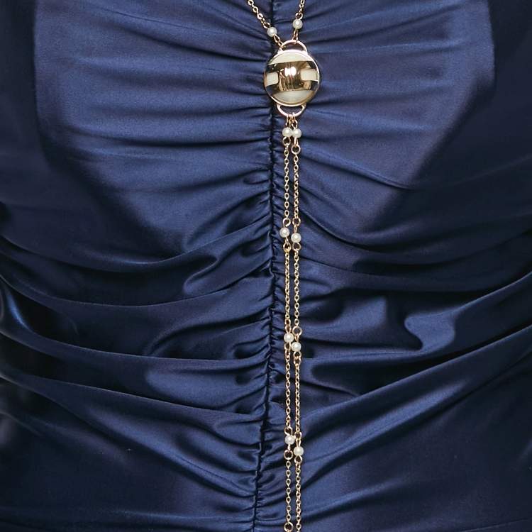 Pre Owned Elisabetta Franchi Navy Blue Chain Detail Jersey Ruche Bodysuit M