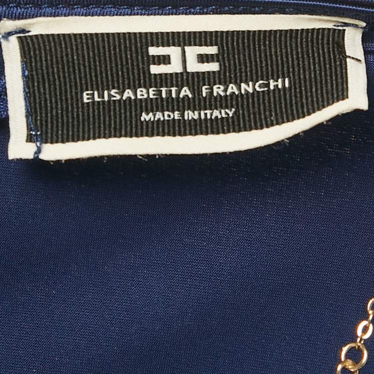 Pre Owned Elisabetta Franchi Navy Blue Chain Detail Jersey Ruche Bodysuit M