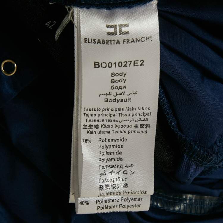 Pre Owned Elisabetta Franchi Navy Blue Chain Detail Jersey Ruche Bodysuit M