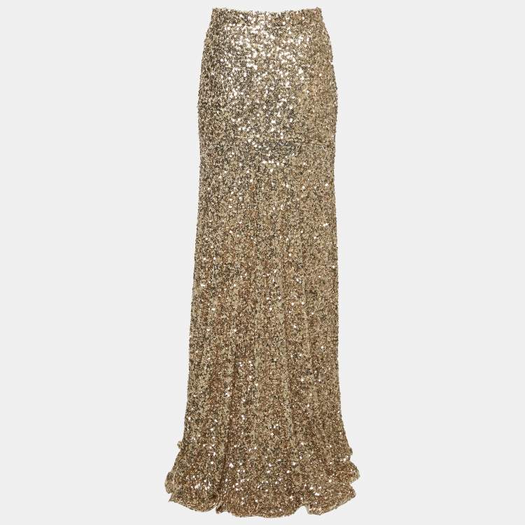 Pre Owned Elisabetta Franchi Gold Flared Maxi Red Carpet Skirt M