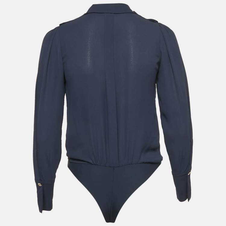 Pre Owned Elisabetta Franchi Navy Blue Chiffon Plunging Neck Bodysuit S