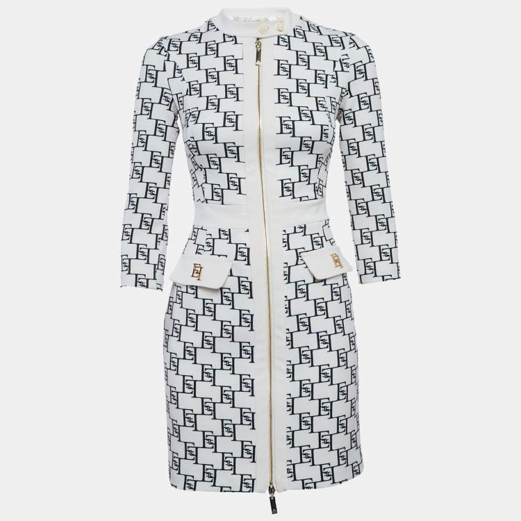 Pre Owned Elisabetta Franchi Cream Logo Print Stretch Crepe Bodycon Dress S
