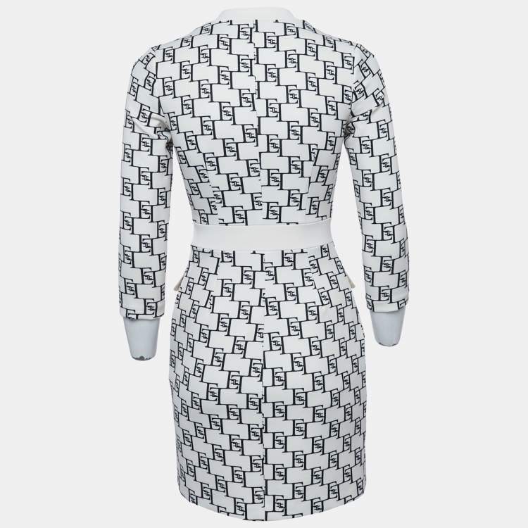 Pre Owned Elisabetta Franchi Cream Logo Print Stretch Crepe Bodycon Dress S