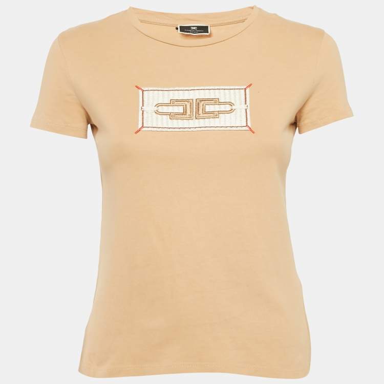 Pre Owned Elisabetta Franchi Beige Applique Cotton Jersey T-Shirt S