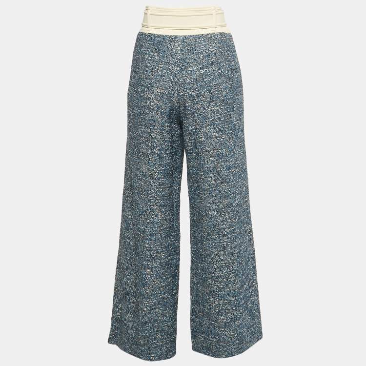 Pre Owned Elisabetta Franchi Blue Tweed Belted Trousers M