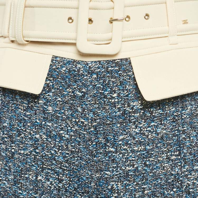 Pre Owned Elisabetta Franchi Blue Tweed Belted Trousers M
