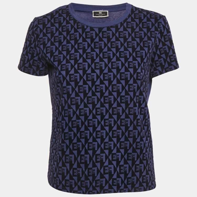 Pre Owned Elisabetta Franchi Blue Monogram Flocked Jersey T-Shirt S