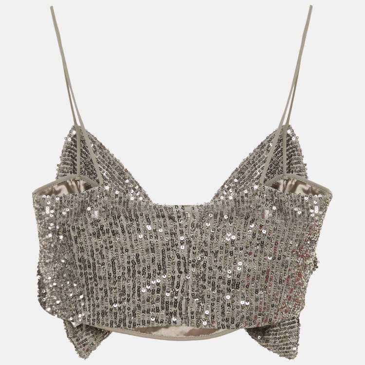 Pre Owned Elisabetta Franchi Silver Sequin Mesh Bow Detail Crop Top M