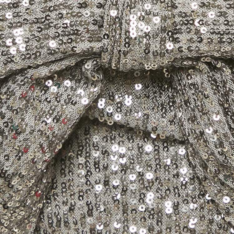 Pre Owned Elisabetta Franchi Silver Sequin Mesh Bow Detail Crop Top M