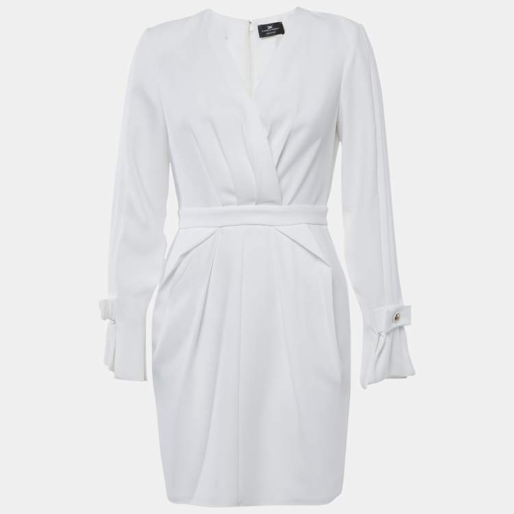 Pre Owned Elisabetta Franchi White Crepe Pleated Detail Mini Dress M