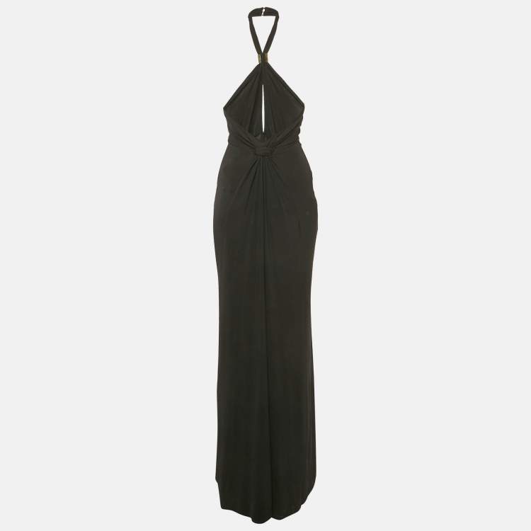 Pre Owned Elisabetta Franchi Black Jersey Logo Embellished Maxi Dress S