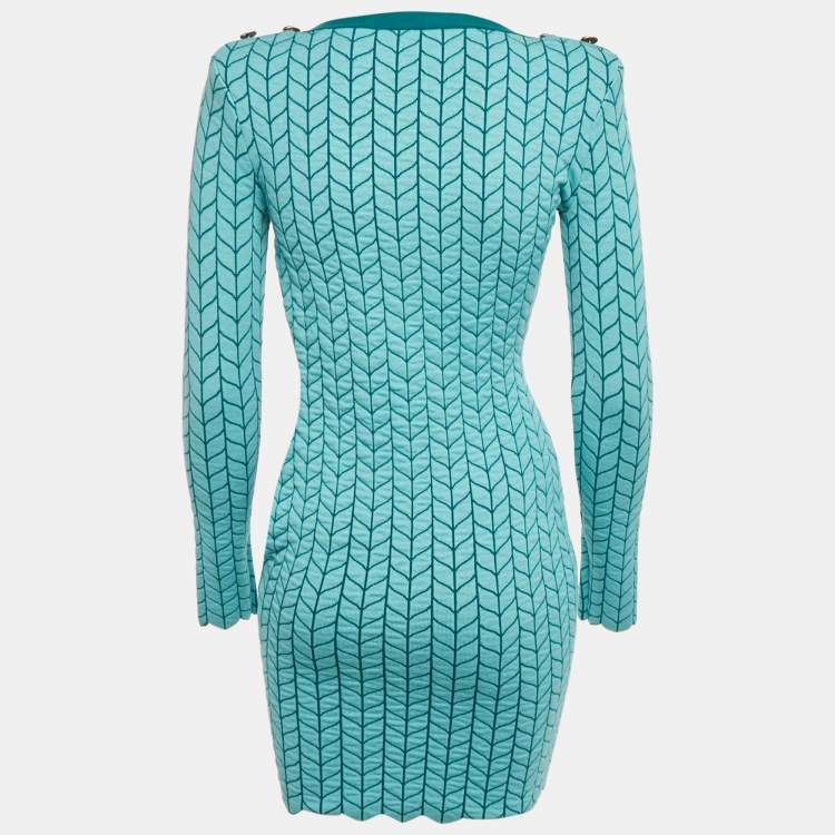 Pre Owned Elisabetta Franchi Blue Patterned Stretch Knit Scallop Hem Bodycon Dress S