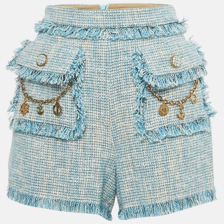 Pre Owned Elisabetta Franchi Blue Cotton Fringed Chain Detail Shorts M