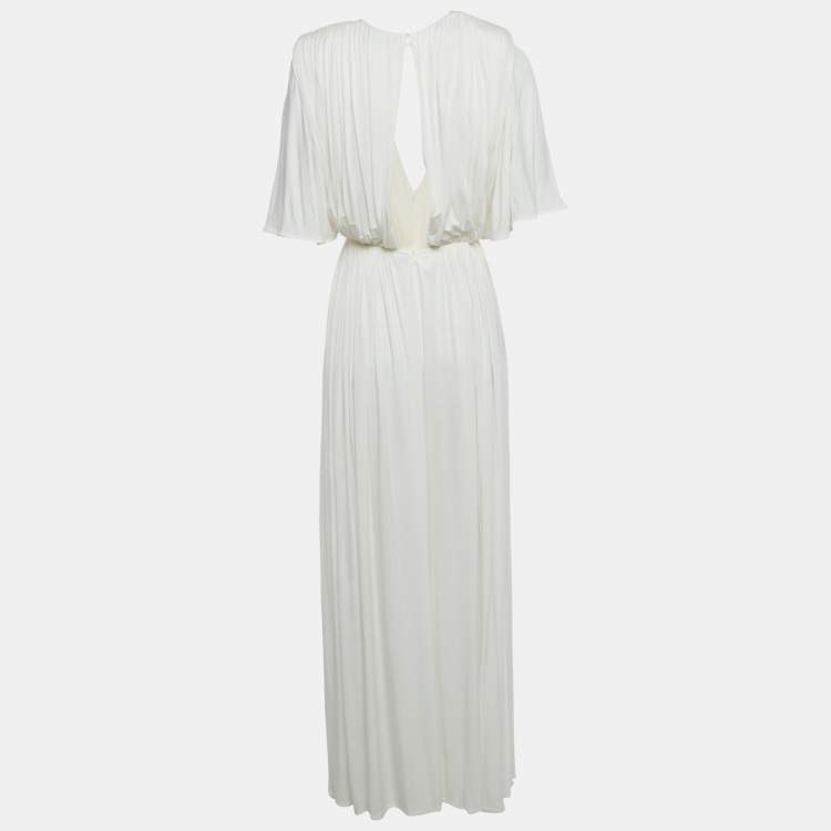 Pre Owned Elisabetta Franchi White Jersey Plunging Neck Gathered Maxi Dress S