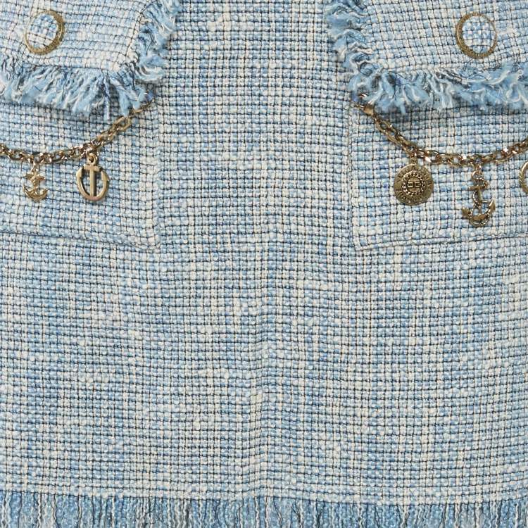 Pre Owned Elisabetta Franchi Blue Charm Detail Tweed Fringed Mini Skirt M