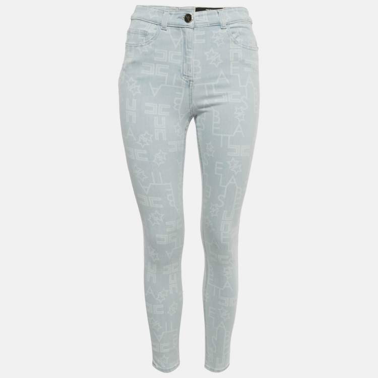 Pre Owned Elisabetta Franchi Blue Monogram Denim Skinny Jeans S Waist 27"