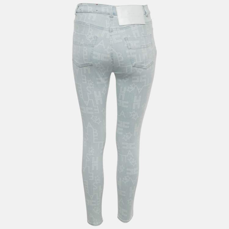 Pre Owned Elisabetta Franchi Blue Monogram Denim Skinny Jeans S Waist 27"