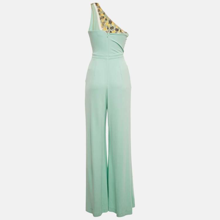 Pre Owned Elisabetta Franchi Pastel Green Jersey Sequin Embellished One Shoulder Jumpsuit S