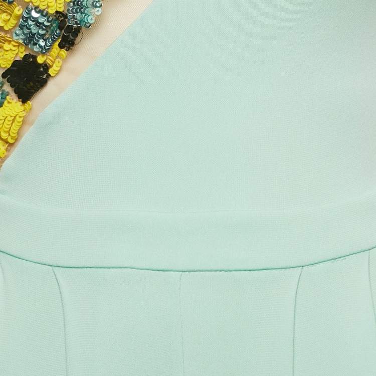 Pre Owned Elisabetta Franchi Pastel Green Jersey Sequin Embellished One Shoulder Jumpsuit S