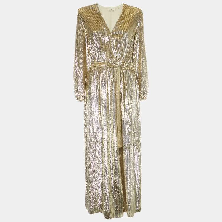 Pre Owned Elisabetta Franchi Gold Sequin Belted Wrap Maxi Dress M