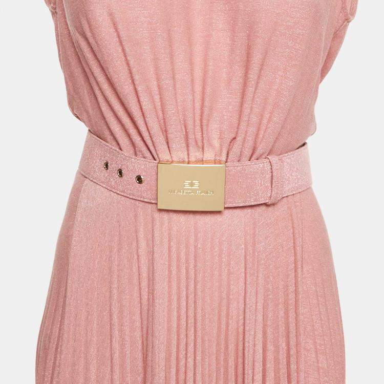 Pre Owned Elisabetta Franchi Rose Pink Lurex Knit Pleated Maxi Dress S