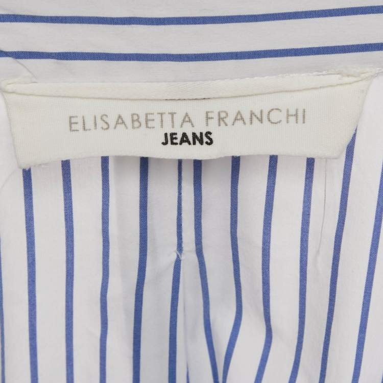 Pre Owned Elisabetta Franchi White & Blue Striped Cotton Tie Detail Shirt S