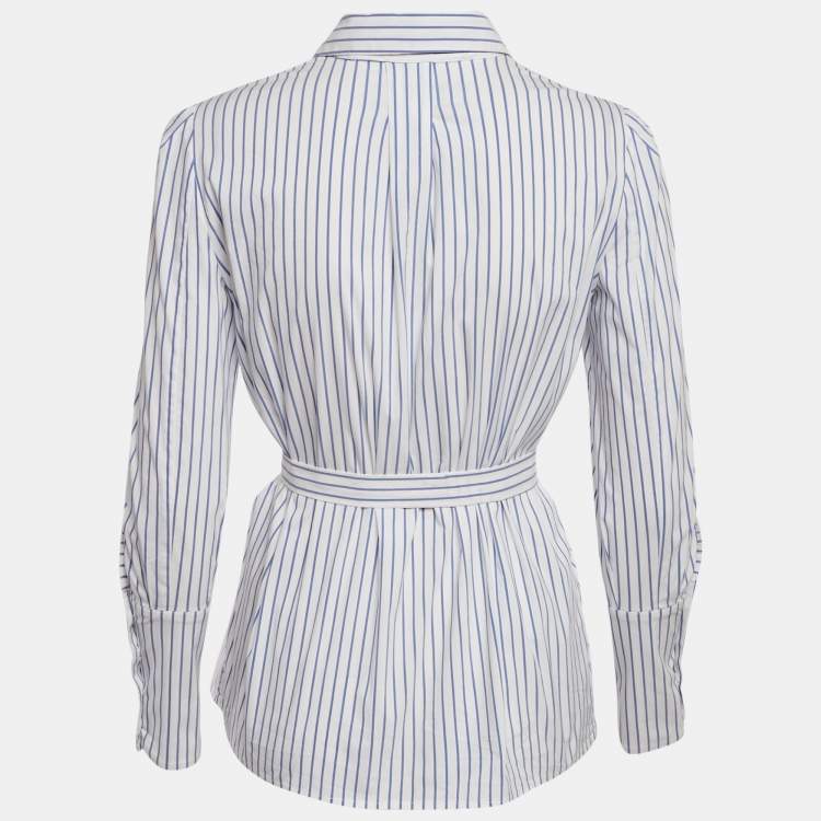 Pre Owned Elisabetta Franchi White & Blue Striped Cotton Tie Detail Shirt S