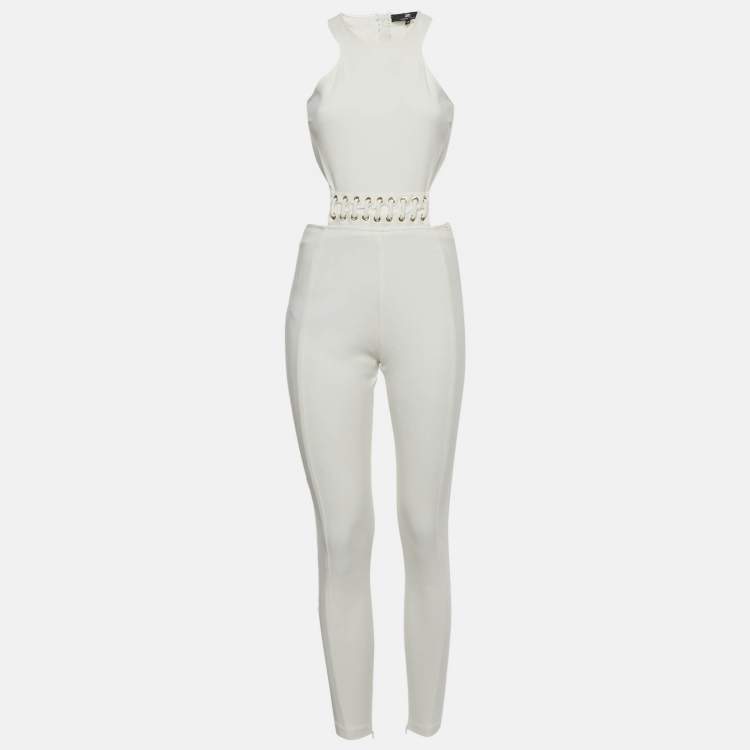 Pre Owned Elisabetta Franchi White Jersey Lace Up Backless Jumpsuit M