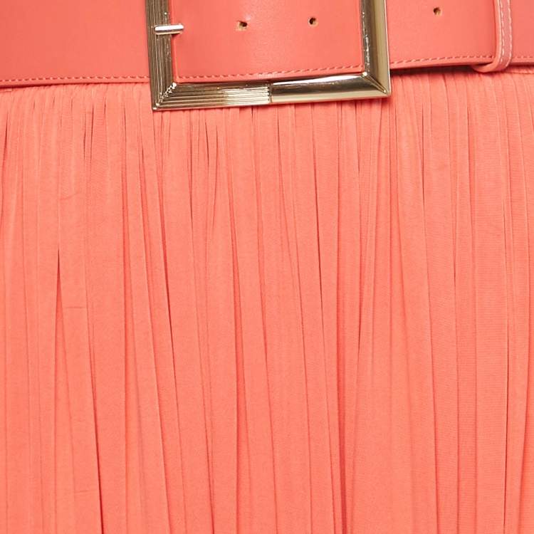 Pre Owned Elisabetta Franchi Coral Tulle Trim Peated Jersey Belted Dress L