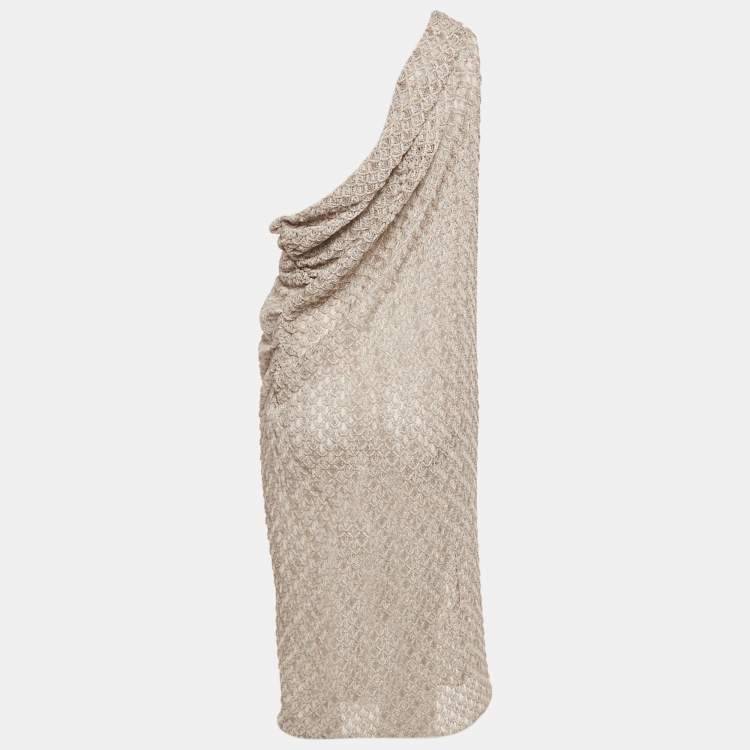 Pre Owned Elisabetta Franchi Light Pink Patterned Lurex Knit One Shoulder Midi Dress S