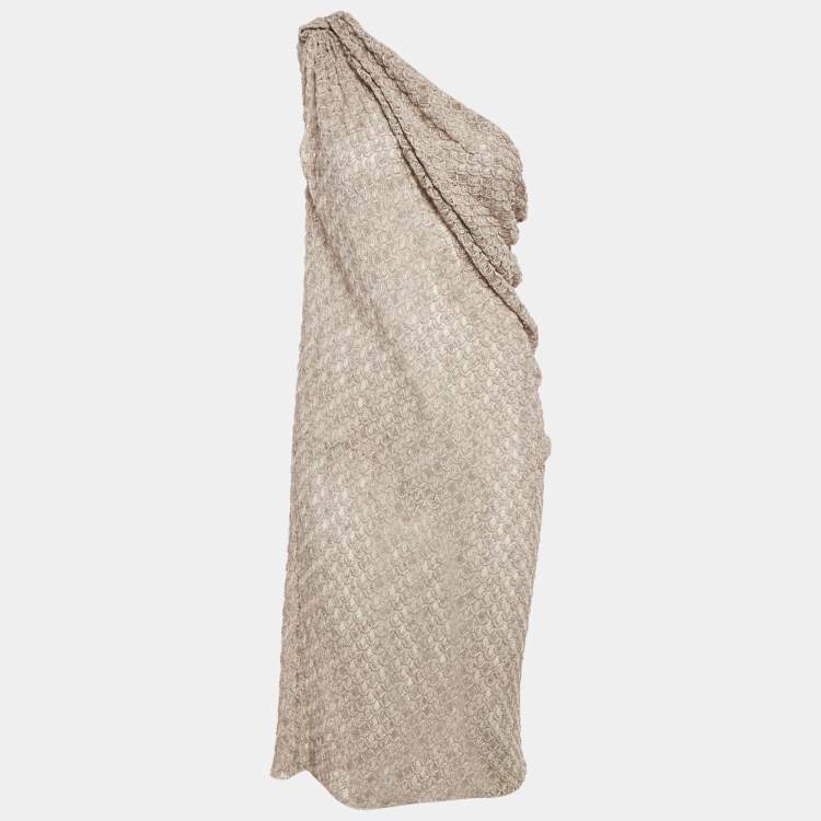 Pre Owned Elisabetta Franchi Light Pink Patterned Lurex Knit One Shoulder Midi Dress S