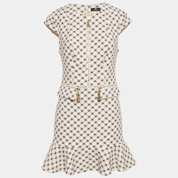 Pre Owned Elisabetta Franchi Cream Logo Print Crepe Sleeveless Mini Dress M 