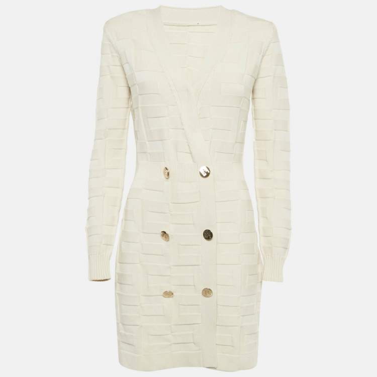 Pre Owned Elisabetta Franchi Cream Textured Knit Double Breasted Cardigan Mini Dress M